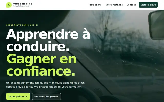 Interface du projet Auto_Ecole avec accès aux formations, à la préinscription et à l’espace élève