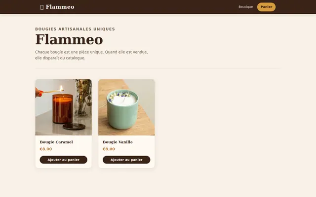 Boutique Flammeo présentant deux bougies artisanales disponibles à l’achat