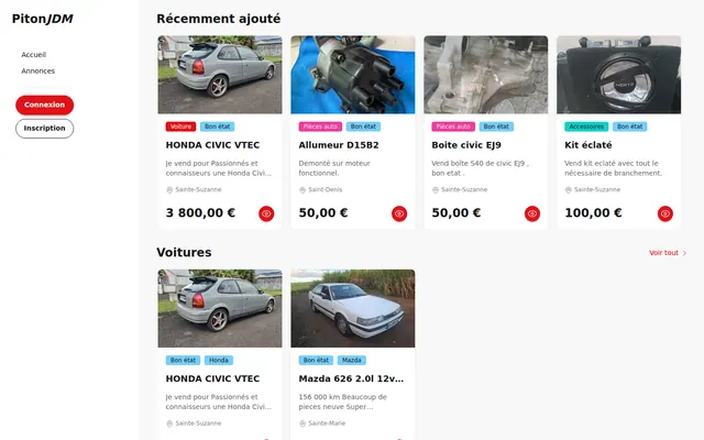 Interface de PitonJDM présentant des annonces de véhicules et de pièces automobiles